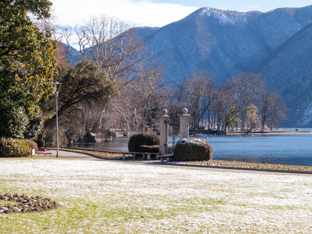 Lugano, Switzerland: Ciani Park, overlooking the Gulf of Lugano and the ancient gate to the lakeの写真素材