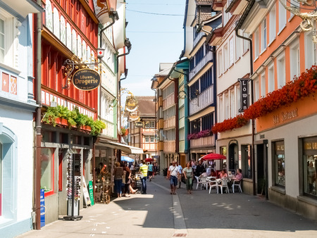 Appenzell, Switzerland - Juli 07, 2015: Appenzell town. Typical old houses and colorful wooden as usual.のeditorial素材