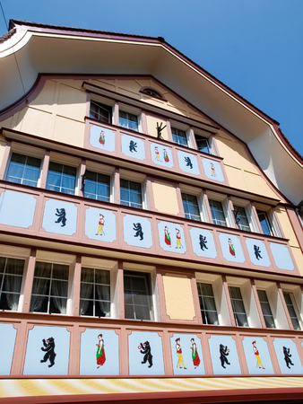 Appenzell, Switzerland - Juli 07, 2015: Appenzell town. Typical old houses and colorful wooden as usual.のeditorial素材