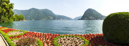 Lugano, Switzerland: Images of the Gulf of Lugano and Ciani park, botanical park of the city.の写真素材