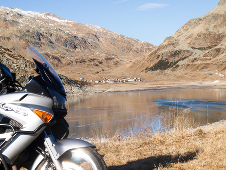 Spluga valley, early winter of the valley pictures of mountains, the lake and the village of Montesplugaのeditorial素材