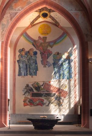 Neustadt an der Weinstrasse, Germany - April 19, 2015: Interior of the Stiftskirche. You see the altar and the light that filters through a window to illuminateのeditorial素材