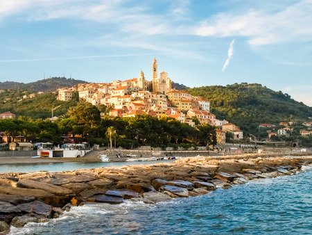 Cervo, Italy - June 11, 2015: Image taken in the light of the sunset of the historic village of...