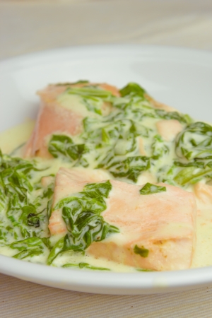 Spinach with salmonの写真素材