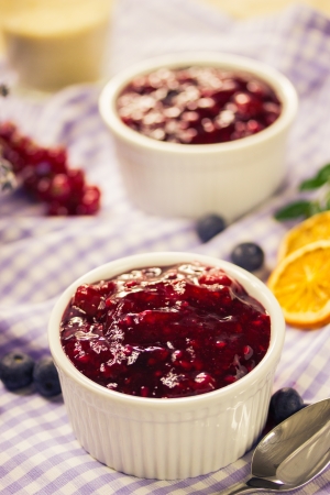 Red fruit compote with custardの写真素材