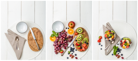 Manufacturing steps of a fresh fruit salad with kiwi, apples, bananas, grapes as a collageの写真素材