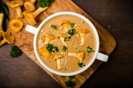 Soup with chanterelles and parsley on woodの写真素材