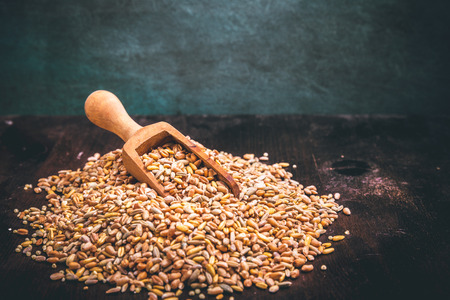 Five kinds of cereal in a heap on a wooden spoonの写真素材