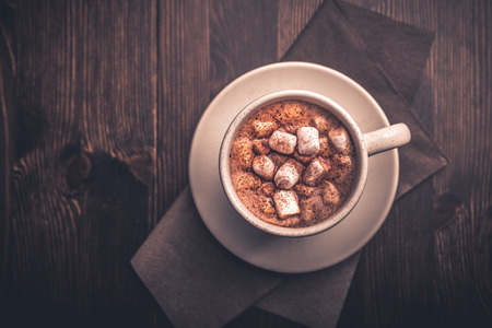 Hot cocoa with Marshmallows on a dark undergroundの写真素材
