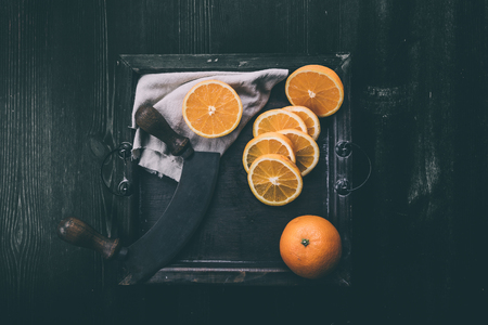 Fresh sliced oranges on a trayの写真素材