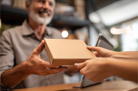 Close-up of a customer receiving a parcel from a delivery manの素材