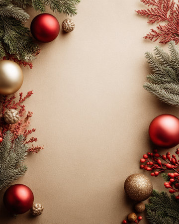 Christmas background with fir tree branches and red baubles on brown paperの素材