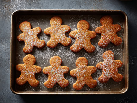 Homemade gingerbread cookies in baking tray on dark background, top viewの素材