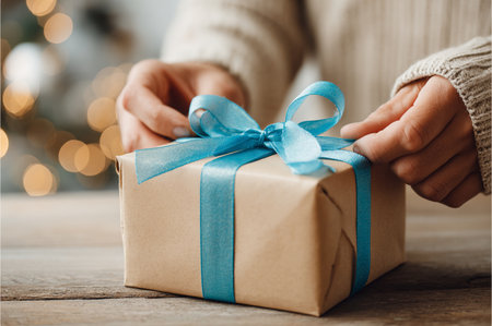 close up of woman hands holding christmas gift box with blue ribbonの素材