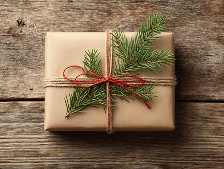 Christmas gift box with fir tree branch on wooden table, top viewの素材