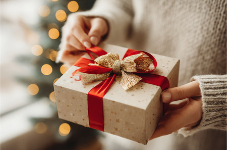 christmas, holidays, celebration and people concept - close up of woman hands with gift box over tree lights backgroundの素材