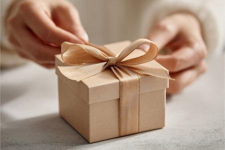 Female hands with gift box on light background, closeup. Celebration conceptの素材