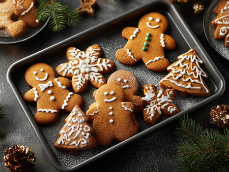 Christmas homemade gingerbread cookies on a dark slate, stone or concrete background. Top view with copy space.の素材