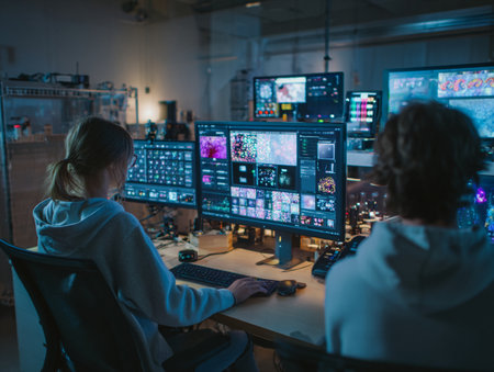 Rear view of female security guard monitoring CCTV cameras in surveillance roomの素材