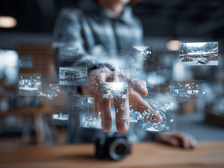business, technology and internet concept - close up of businessman working with virtual screensの素材