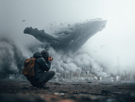 A man in a jacket and a backpack sits on the ground and photographs a huge whale in the background of a big cityの素材