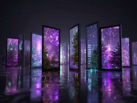 Open door to new world and christmas tree. 3D renderingの素材