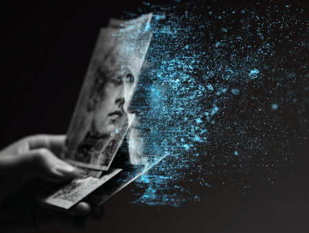 Close up of human hand using tablet pc with glowing blue world mapの素材