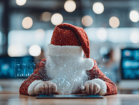 Santa Claus using tablet computer in office. Christmas and New Year concept.の素材