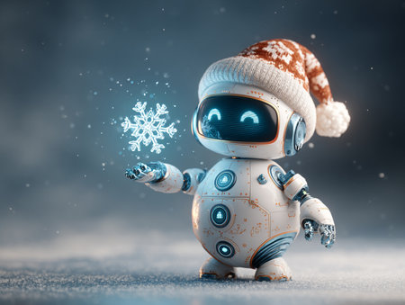 Cute little robot with a snowflake. 3D rendering.の素材