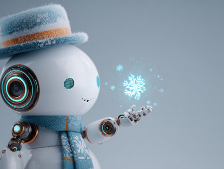 Cute robot with snowflakes on blue background. 3d renderingの素材
