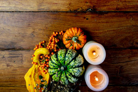 Variety of pumpkins, rowan berries and candles on rustic wooden table and black background with bokeh. Autumn symbolic vegetables in green, yellow and orange colors.の写真素材