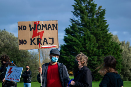 Oxford, United Kingdom - November 1, 2020: Polish pro choice protest in University Parks Oxford,...
