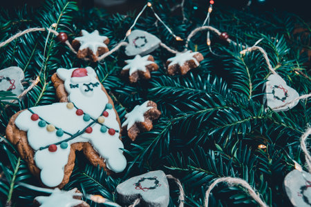 Gingerbread llama cookie on green spruce or yew branches background along with ginger bread stars,...