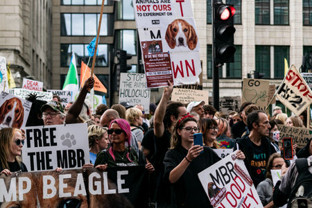 London,UK-28 Aug 2021: National Animal Rights March organized by Extinction Rebellion. Big group of...