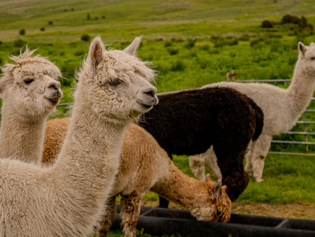 Group of various colours alpacas standing together in the outdoor enclosure surrounded by lovely landscape enjoying the nice weather.の写真素材