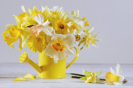 Springtime colorful daffodils in full bloom on white wooden tableの写真素材