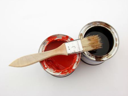 Paint buckets and brushの写真素材
