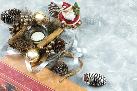 Christmas card. A composition of Christmas holidays on a white concrete background with copy space for your text.の写真素材