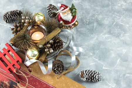 Christmas card. A composition of Christmas holidays on a white concrete background with copy space for your text.の写真素材