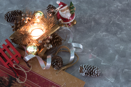 Christmas Holidays. set of Christmas decorations on concrete with copy space for your textの写真素材