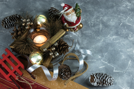 Christmas Holidays. set of Christmas decorations on concrete with copy space for your textの写真素材