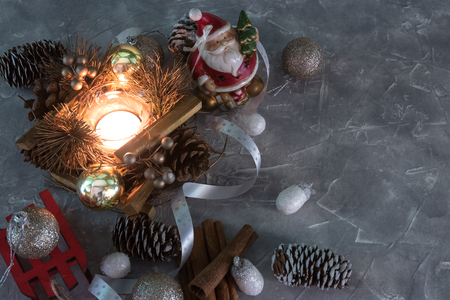 Christmas Holidays. set of Christmas decorations on concrete with copy space for your textの写真素材