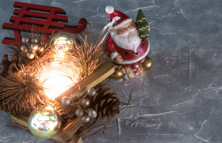 Christmas Holidays. set of Christmas decorations on concrete with copy space for your textの写真素材