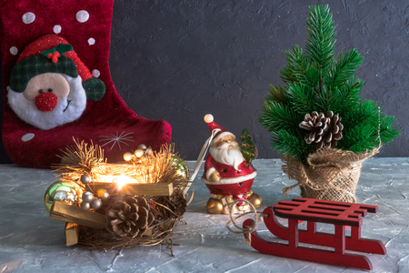 Christmas Holidays. set of Christmas decorations on concrete with copy space for your textの写真素材
