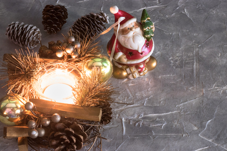 Christmas Holidays. set of Christmas decorations on concrete with copy space for your textの写真素材