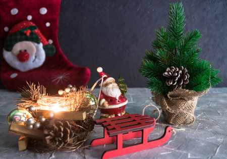 Christmas Holidays. set of Christmas decorations on concrete with copy space for your textの写真素材