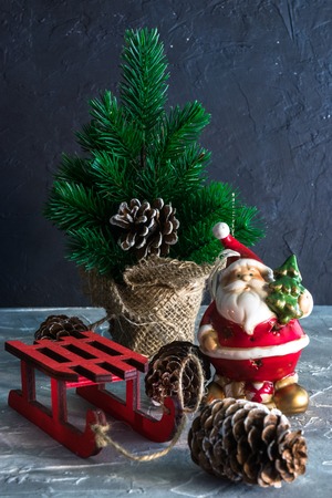 Christmas Holidays. set of Christmas decorations on concrete with copy space for your textの写真素材