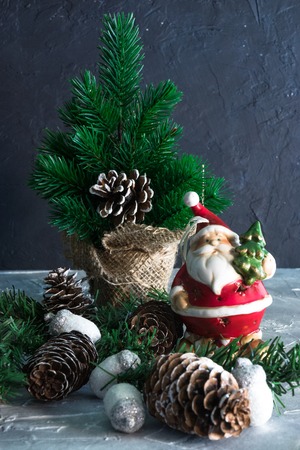 Christmas Holidays. set of Christmas decorations on concrete with copy space for your textの写真素材
