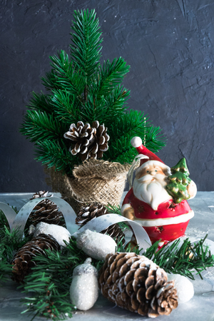 Christmas Holidays. set of Christmas decorations on concrete with copy space for your textの写真素材