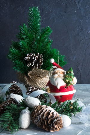 Christmas Holidays. set of Christmas decorations on concrete with copy space for your textの写真素材